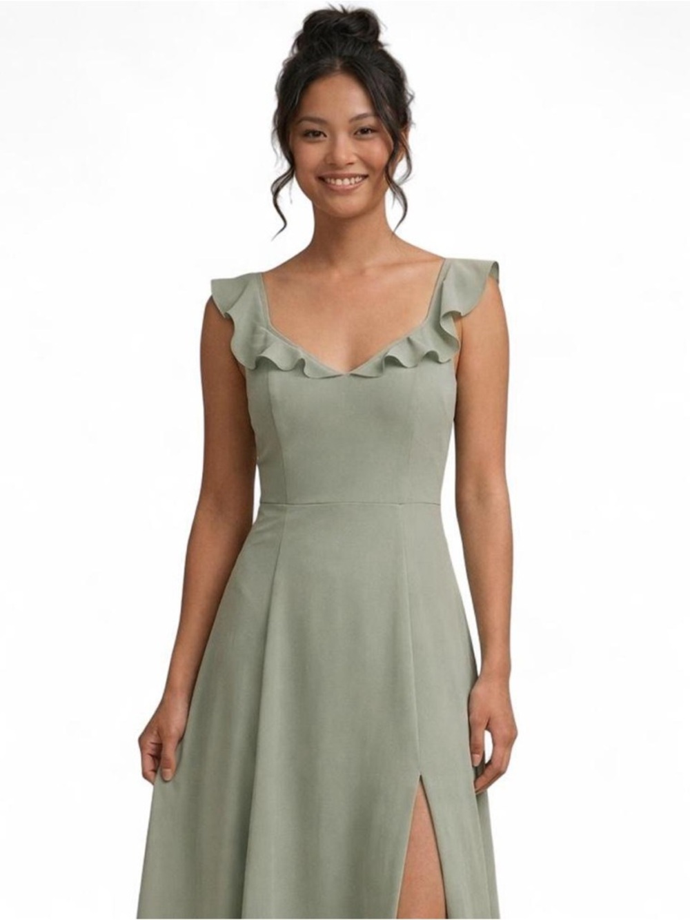 BHLDN Sage Green Dress M Ruffle Neck Bridesmaid Wedding Guest Formal Slit